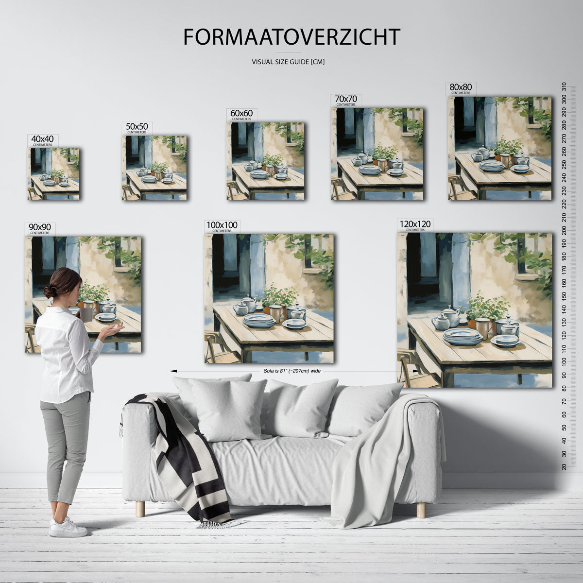 Buiten tafel met servies – vierkante muurposter voor keuken of eethoek