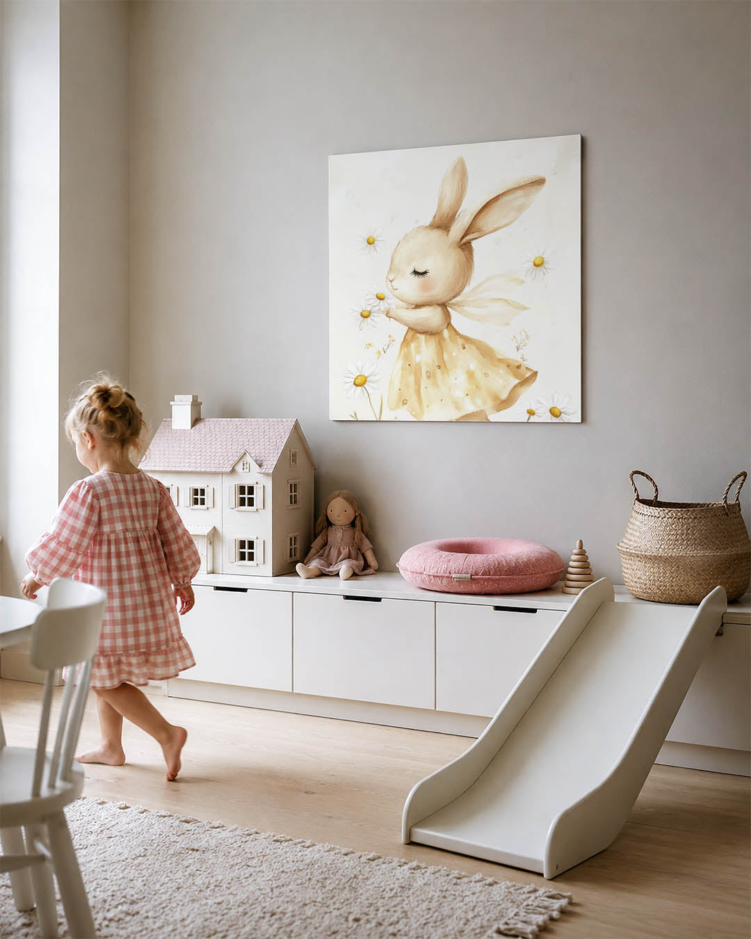 Dromerig konijn kunstwerk – tweede productweergave – een schattig konijn in een beige jurk omringd door witte bloemen. De