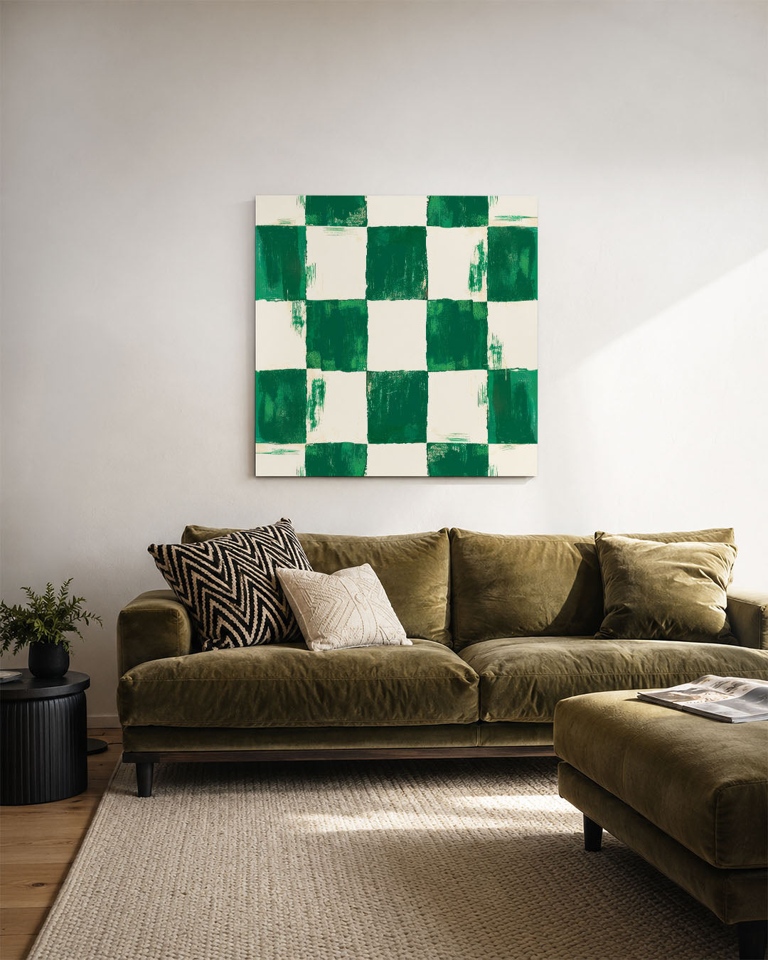 Geometrisch patroon kunstwerk – derde productweergave – dit werk toont een herhalend patroon van vierkanten in groene en