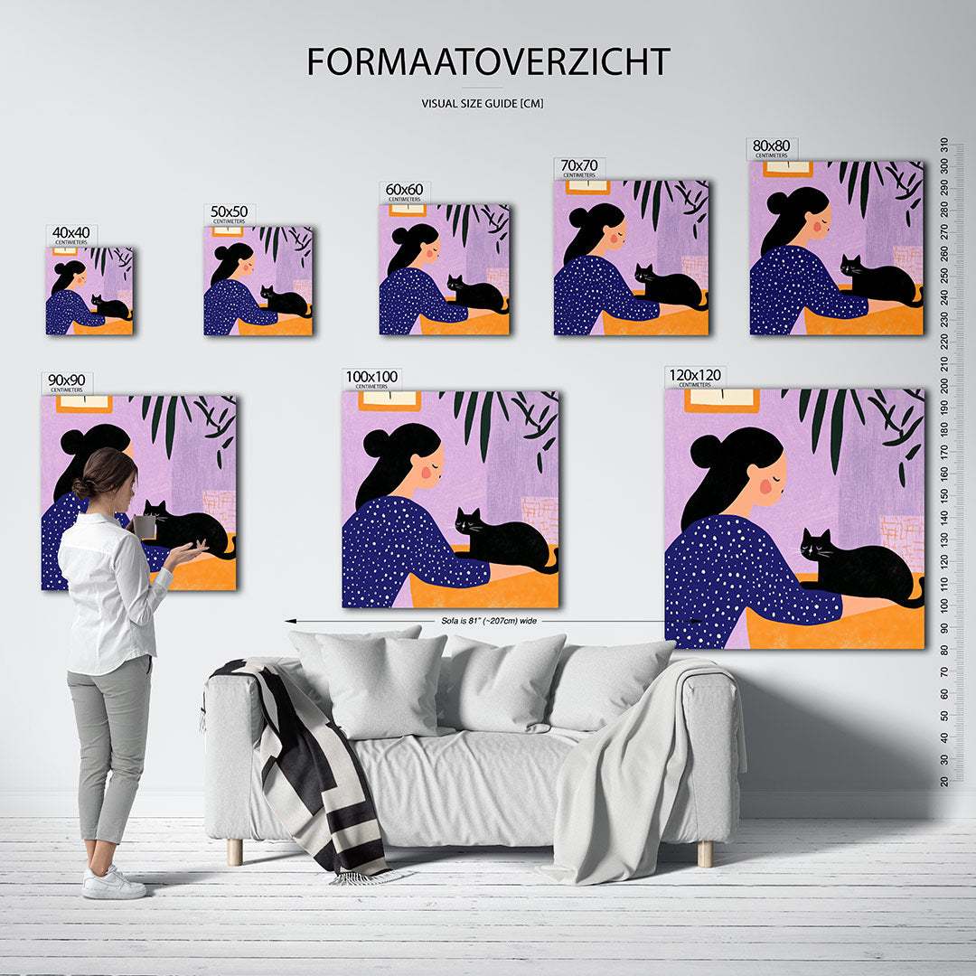Vrouw met kat kunstwerk – dit kunstwerk toont een vrouw met een zwarte kat. De achtergrond is paars met groene bladeren. De