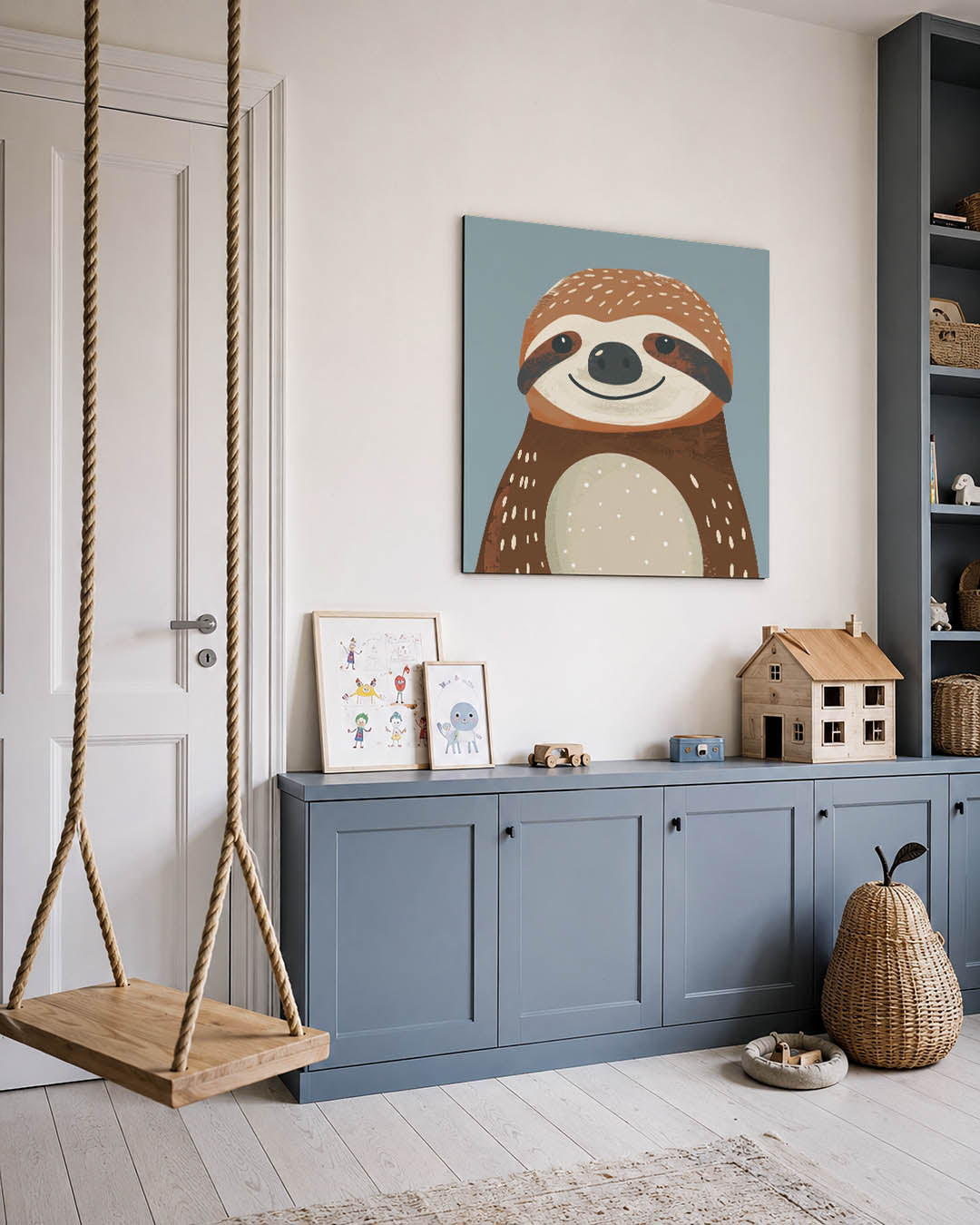 Illustratie van een luiaard kunstwerk – vierkante wanddecoratie – dit beeld toont een glimlachende luiaard met speelse