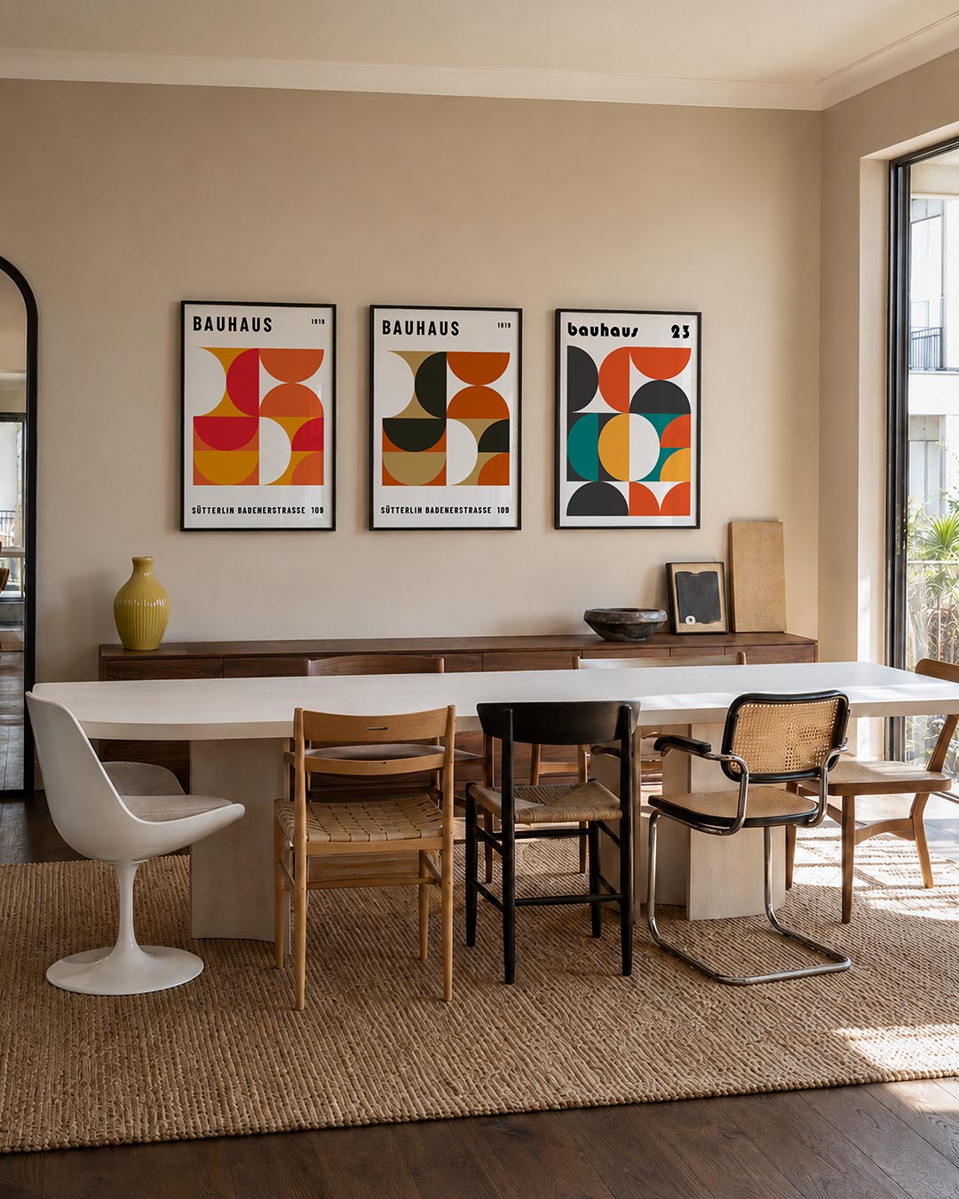 Vormen en kleurvlakken driedelige posterset – deze posterset in drie delen toont een levendig spel van halve cirkels en