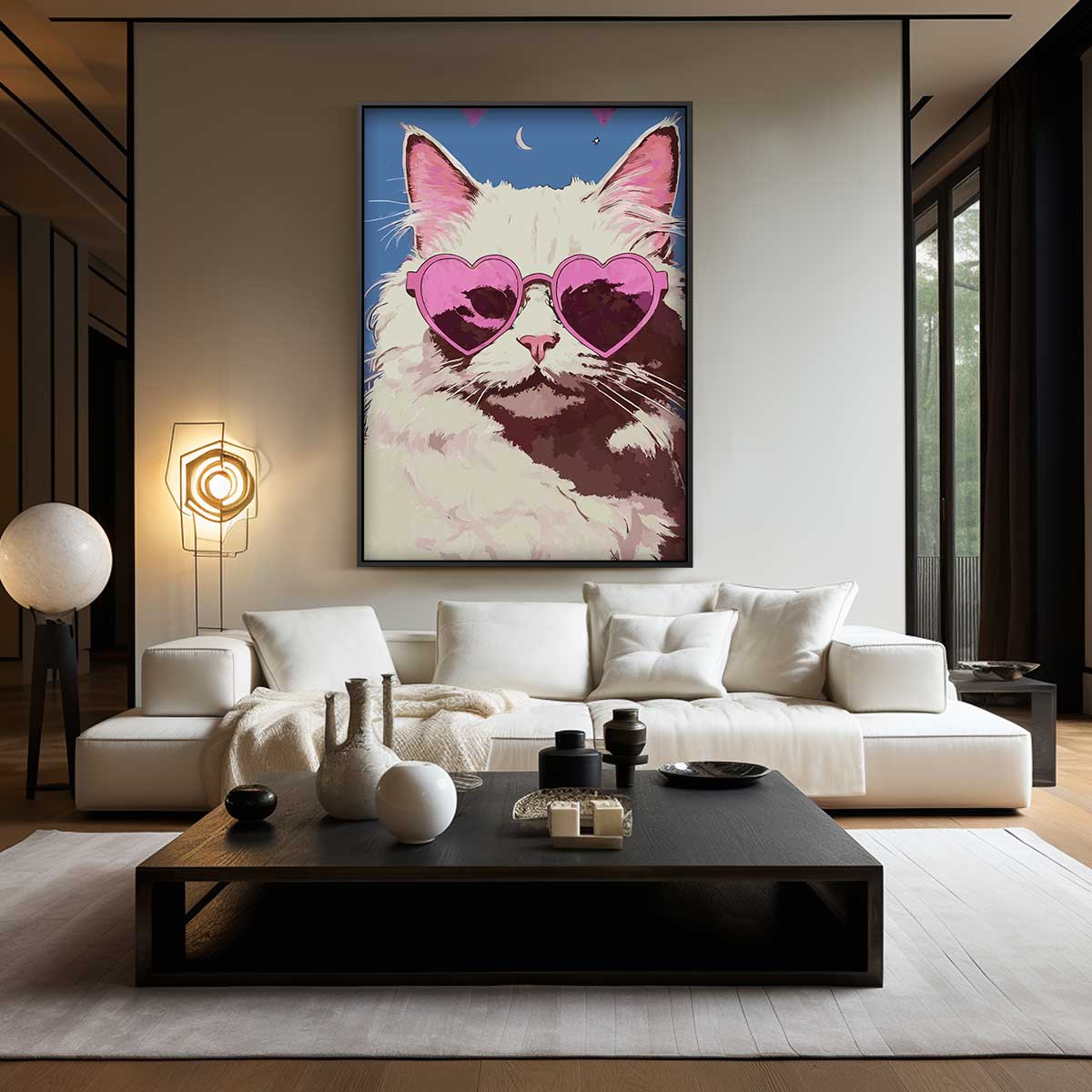 Cool Cat in Heart Sunglasses – kunstwerk met zwarte baklijst