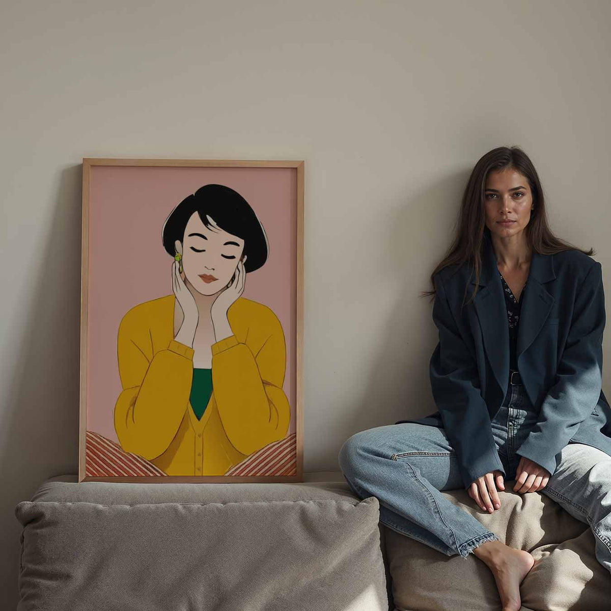 Dromerige Dame in Okergeel – Streetart wandkunst als portret poster