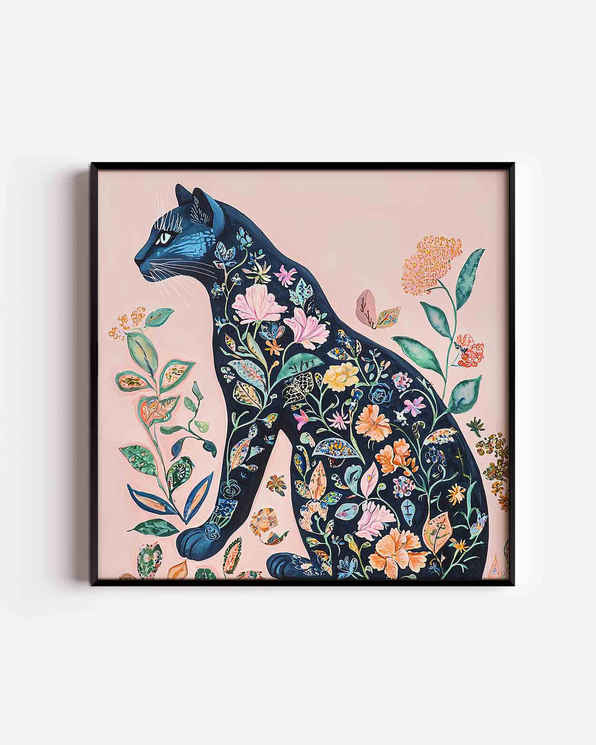 Kat met bloemen – vierkante dierenposter als wanddecoratie