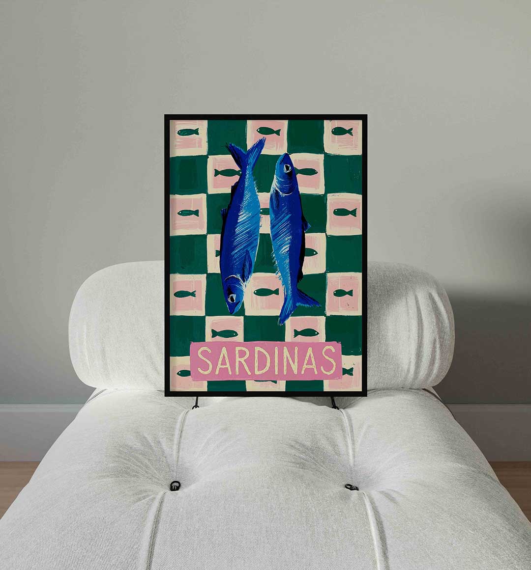 Sardines op geruite achtergrond – staande Pop Art wanddecoratie van WallArtistic