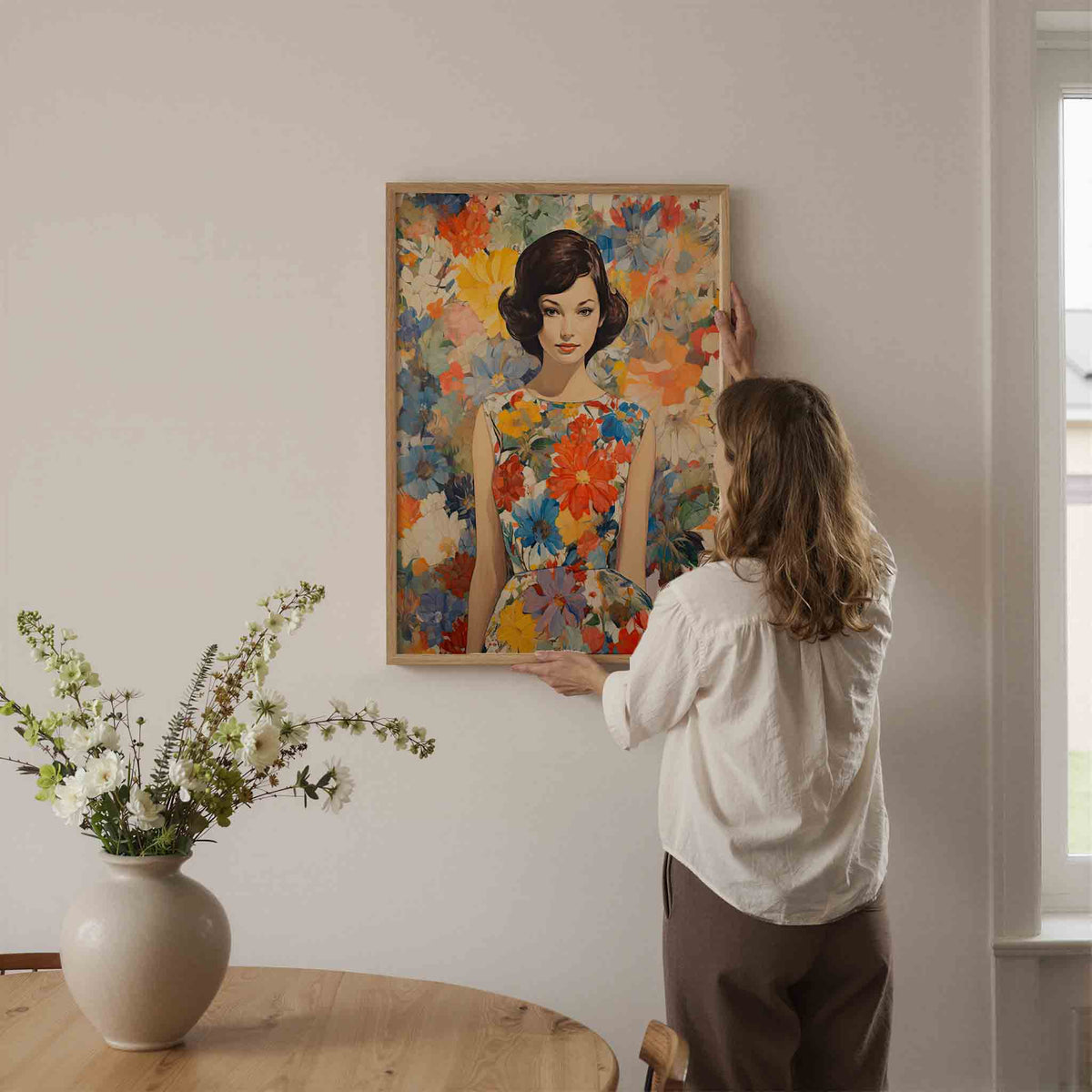 Vrouw met bloemenjurk – botanische wandkunst als portret poster