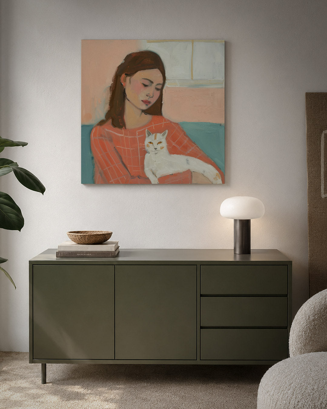 Vrouw met kat kunstwerk – detailweergave – dit kunstwerk toont een vrouw met een kat op schoot. De zachte kleuren en