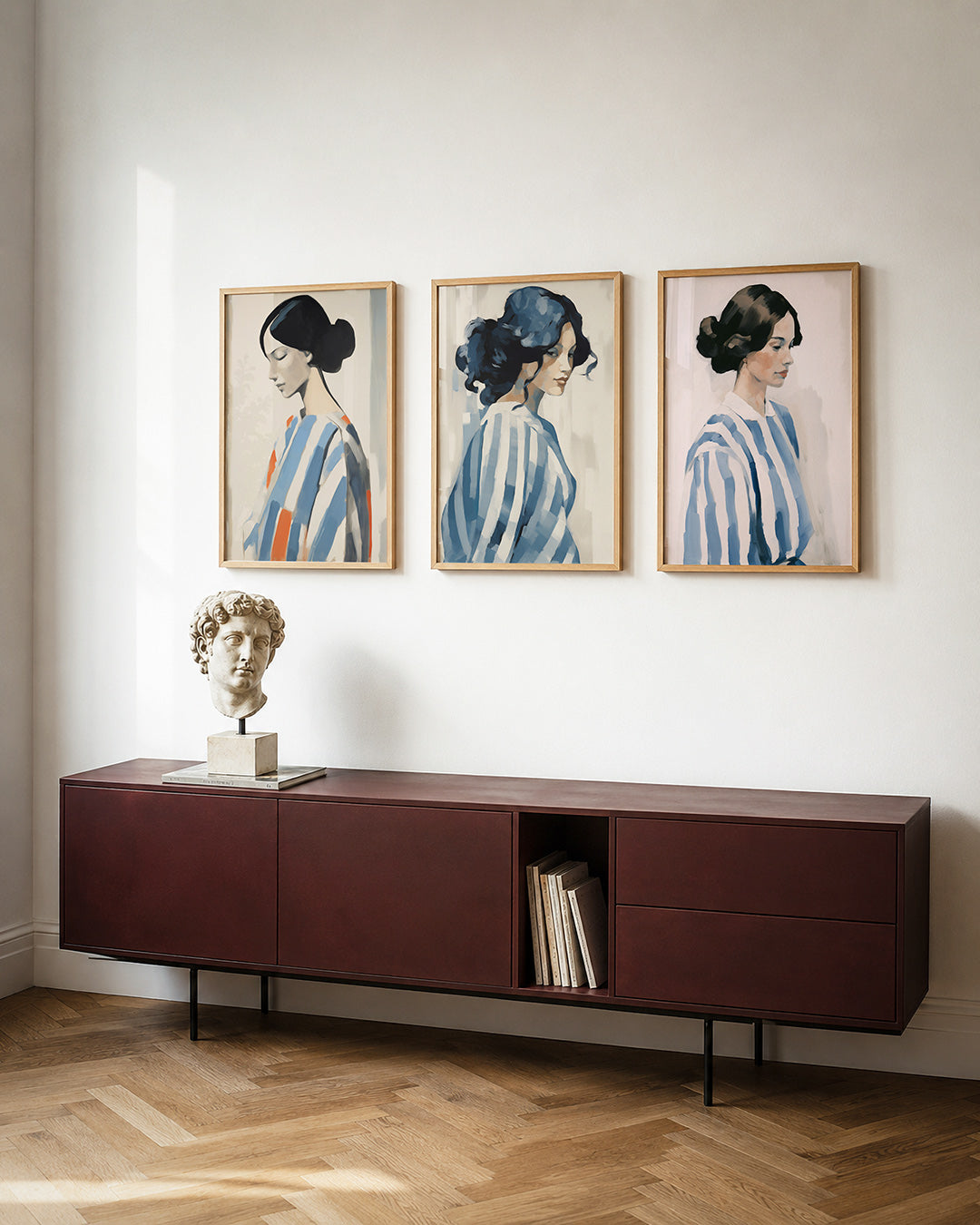 Vorm en kleur posterset – detailweergave – een figuur met een zachte blik, omgeven door vloeiende lijnen en