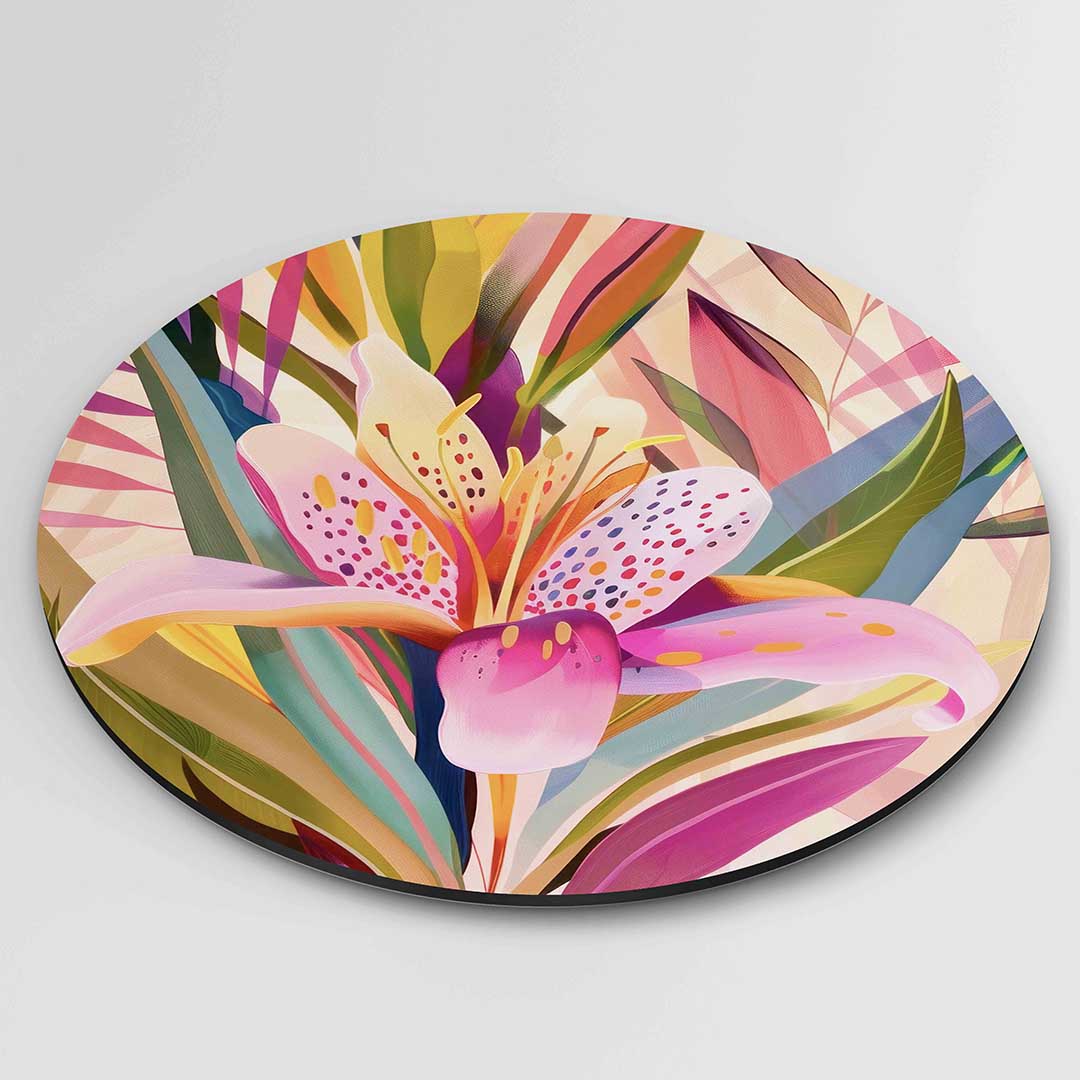 Bloem en bladeren – kleurrijke ronde wanddecoratie van WallArtistic