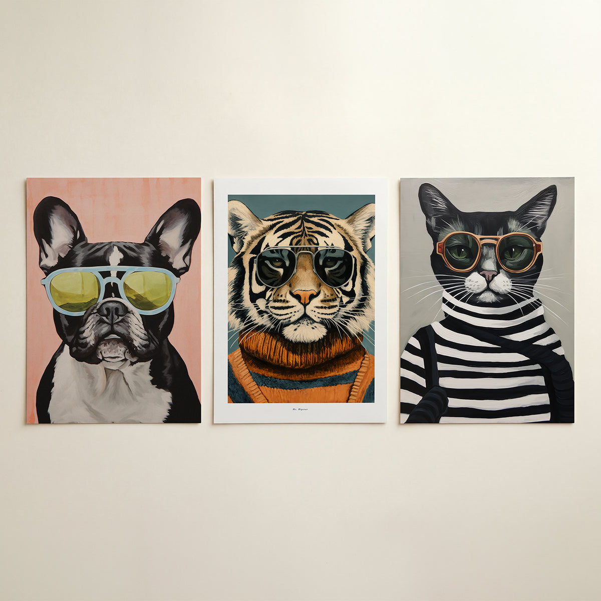 Hond met bril – driedelige posterset in interieur