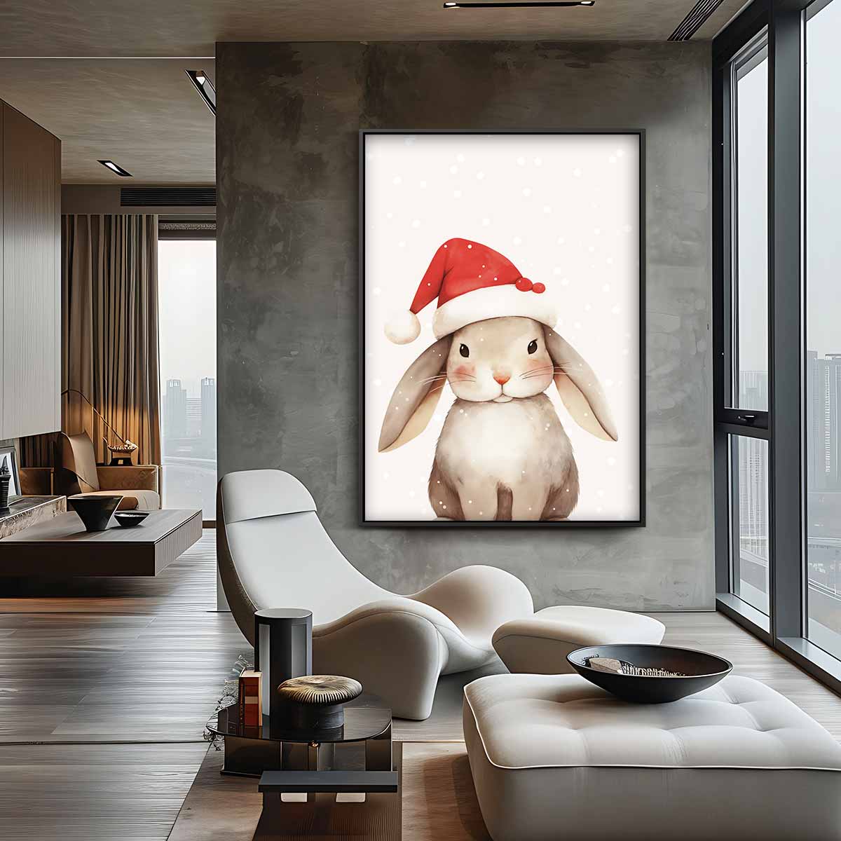Kerstkonijn met Rood Mutsje – canvas wanddecoratie in portret formaat