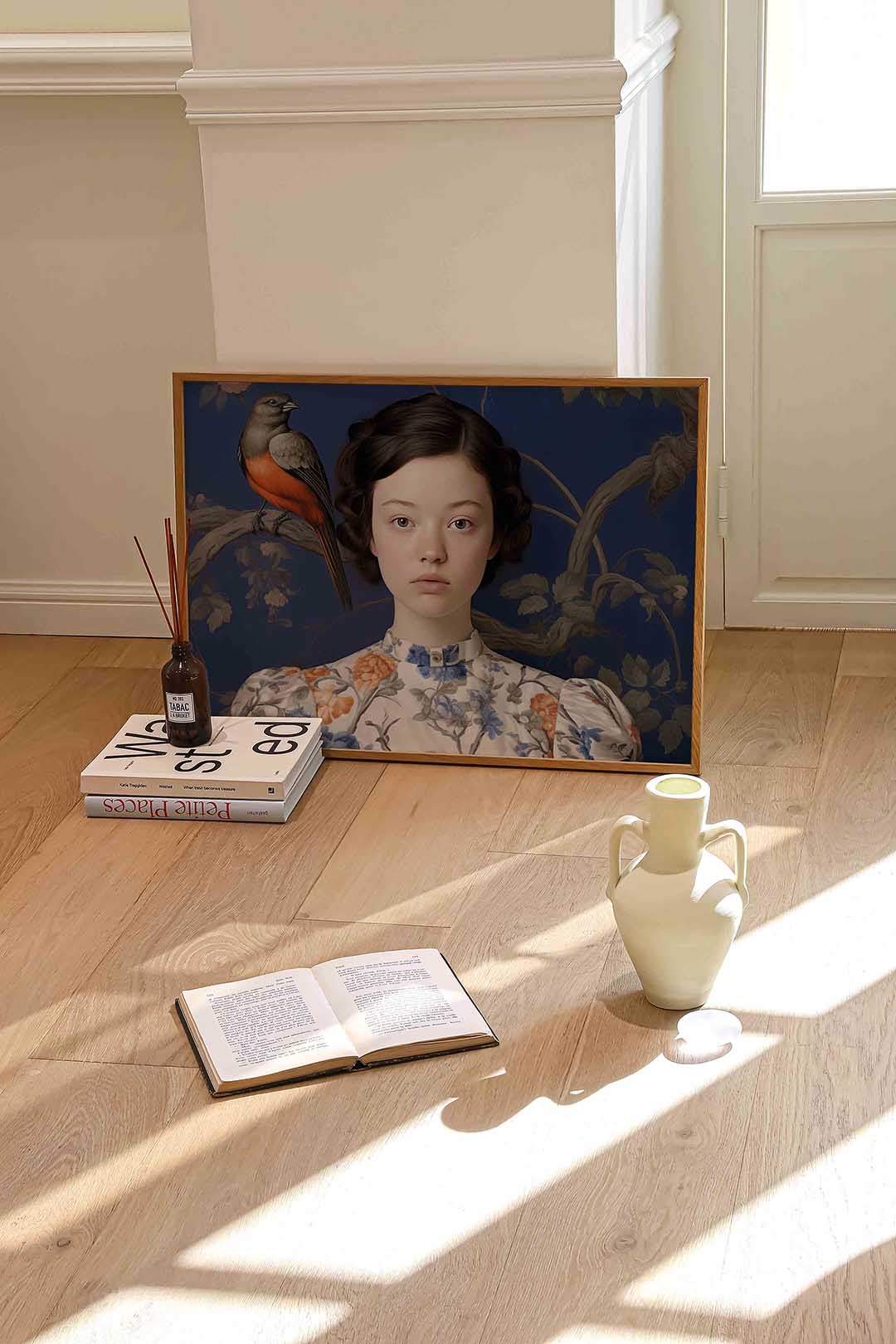Meisje met vogel – liggende portret wanddecoratie van WallArtistic