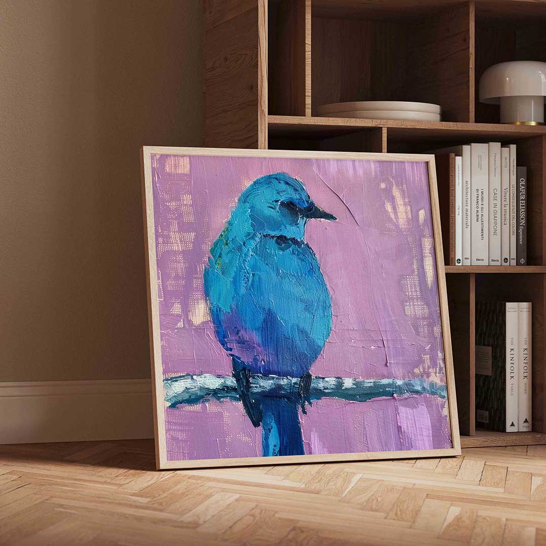 Blauwe vogel – geïllustreerde wandkunst als vierkante poster