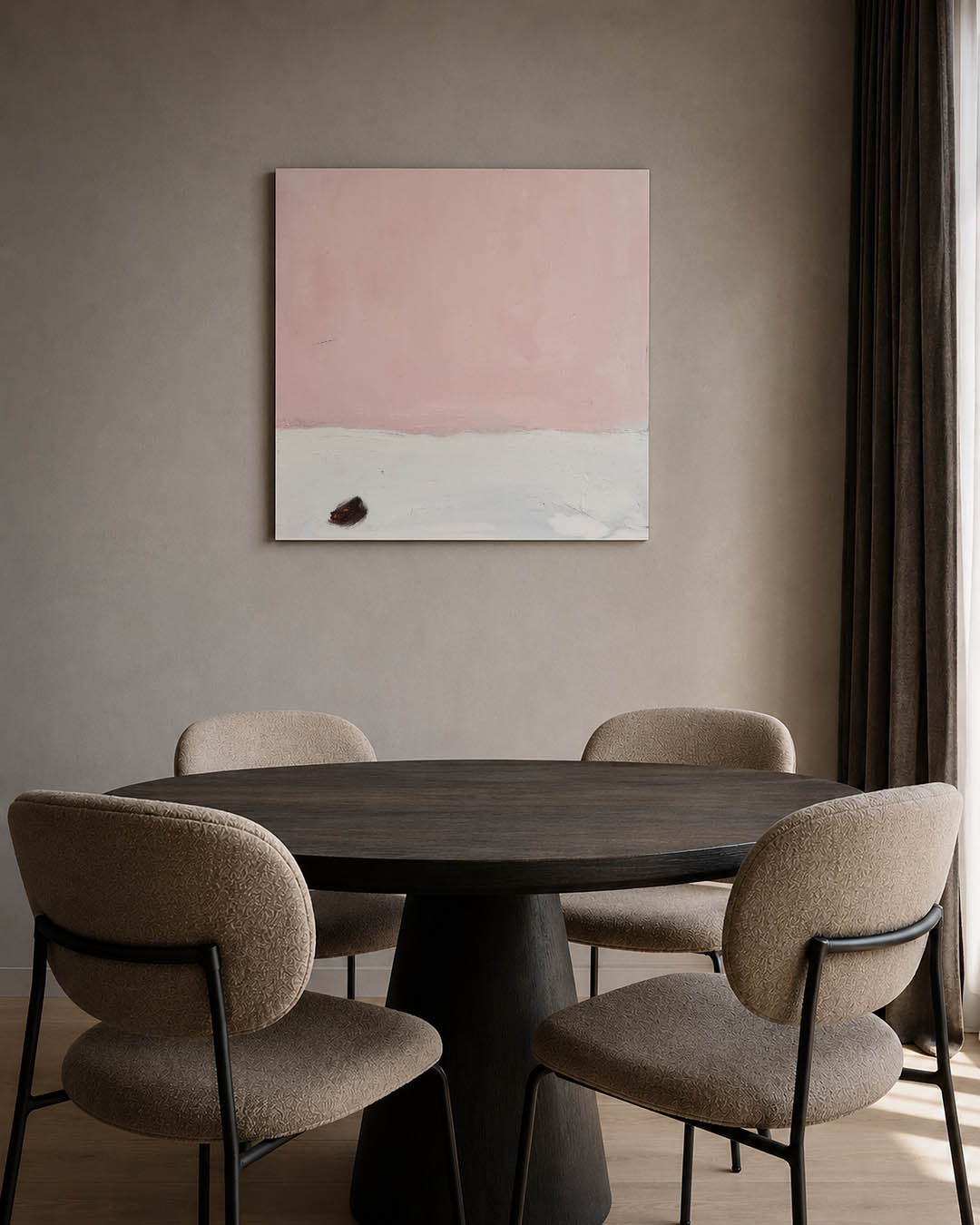 Zachte kleurvlakken kunstwerk – tweede productweergave – dit kunstwerk toont een groot roze vlak boven een wit gebied, met