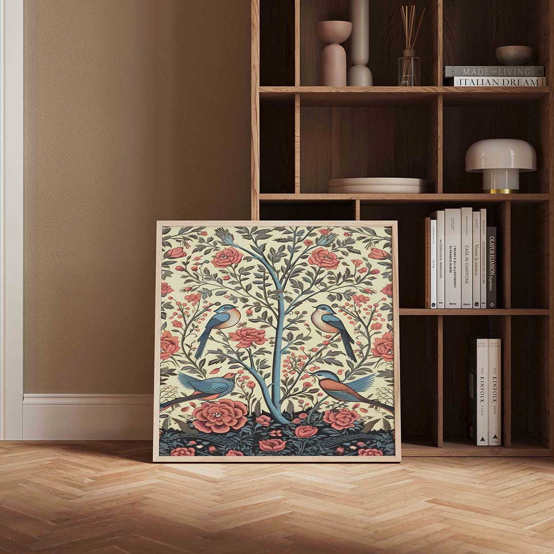 Vogels en bloemen – vierkante vintage wanddecoratie van WallArtistic
