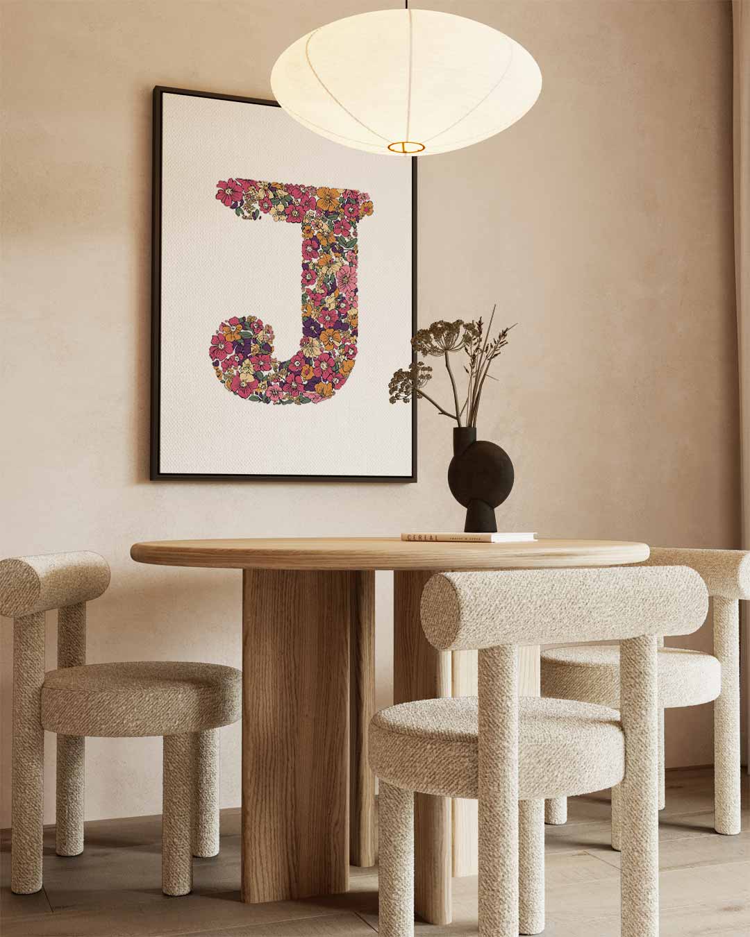Bloemen Initialen Kunstwerk - J – kunstwerk met zwarte baklijst