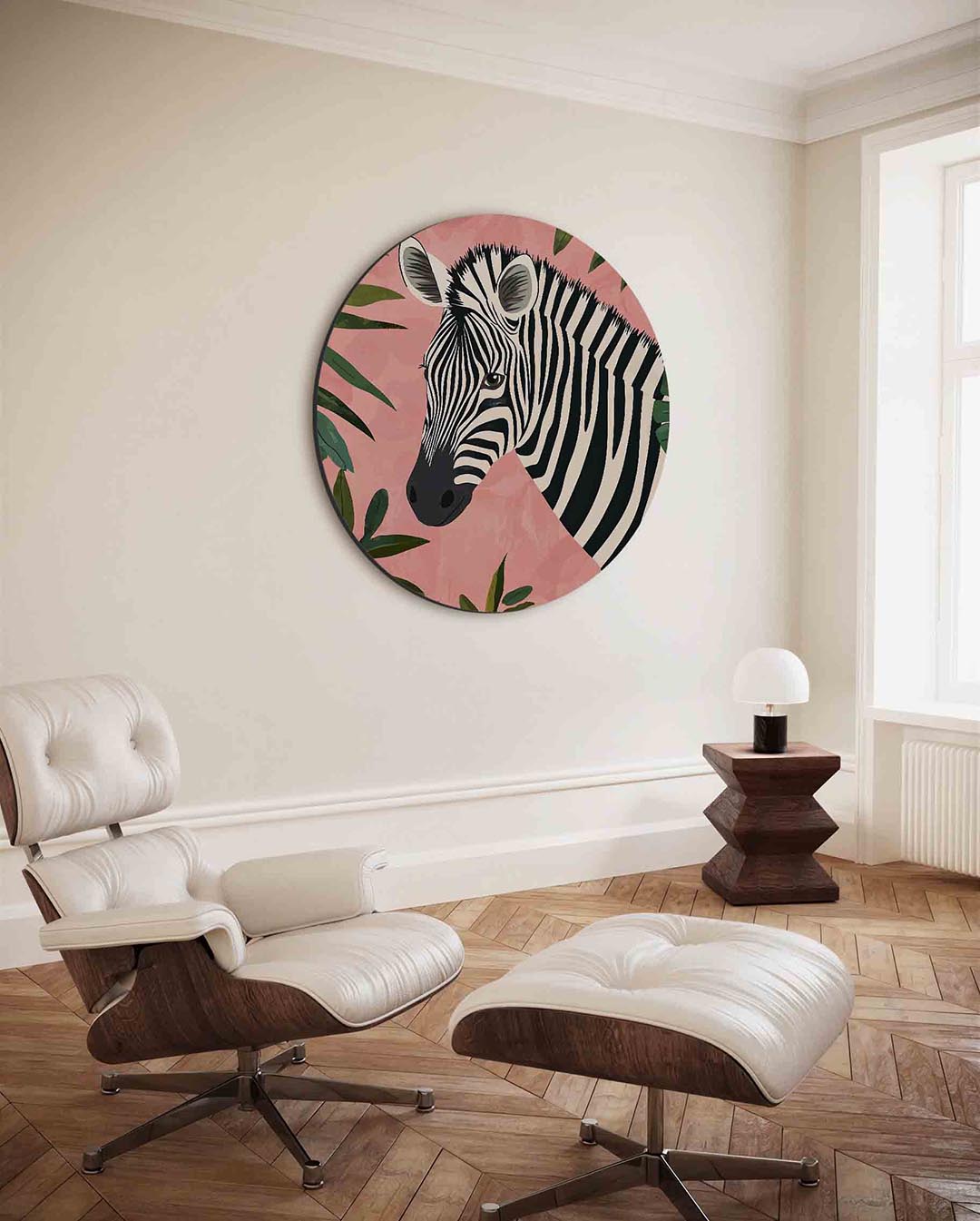 Zebra en bladeren – kleurrijke ronde wanddecoratie van WallArtistic