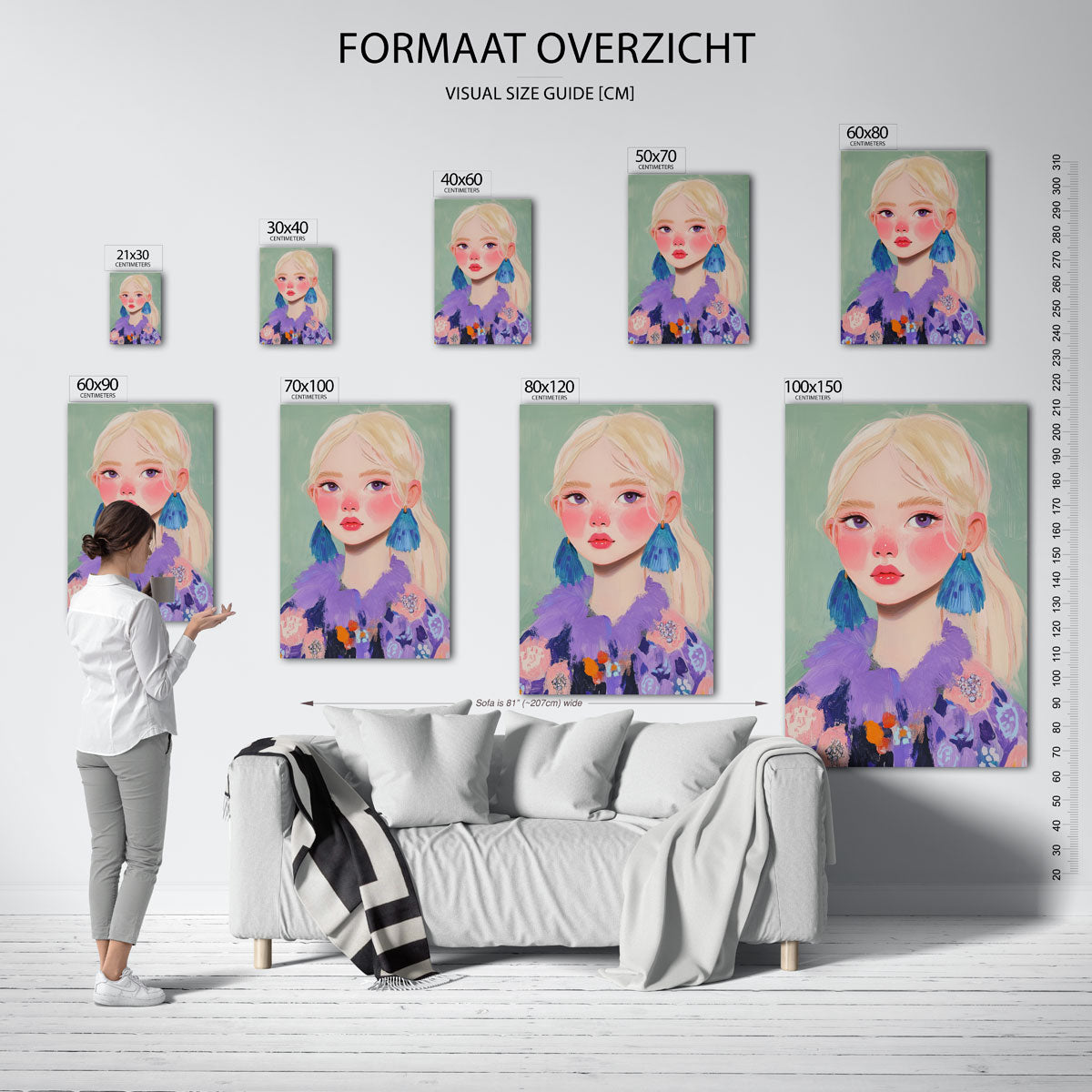 Portret met blauwe oorbellen – staande muurposter voor een modern interieur