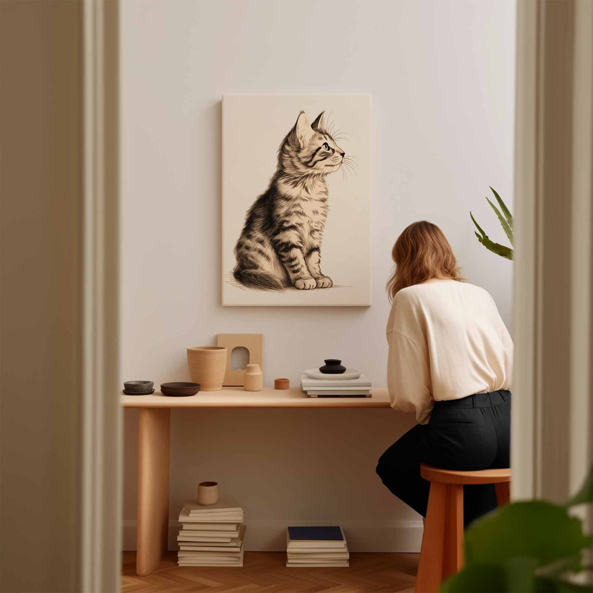 Elegante Kat Schets – canvas kunstwerk als wanddecoratie