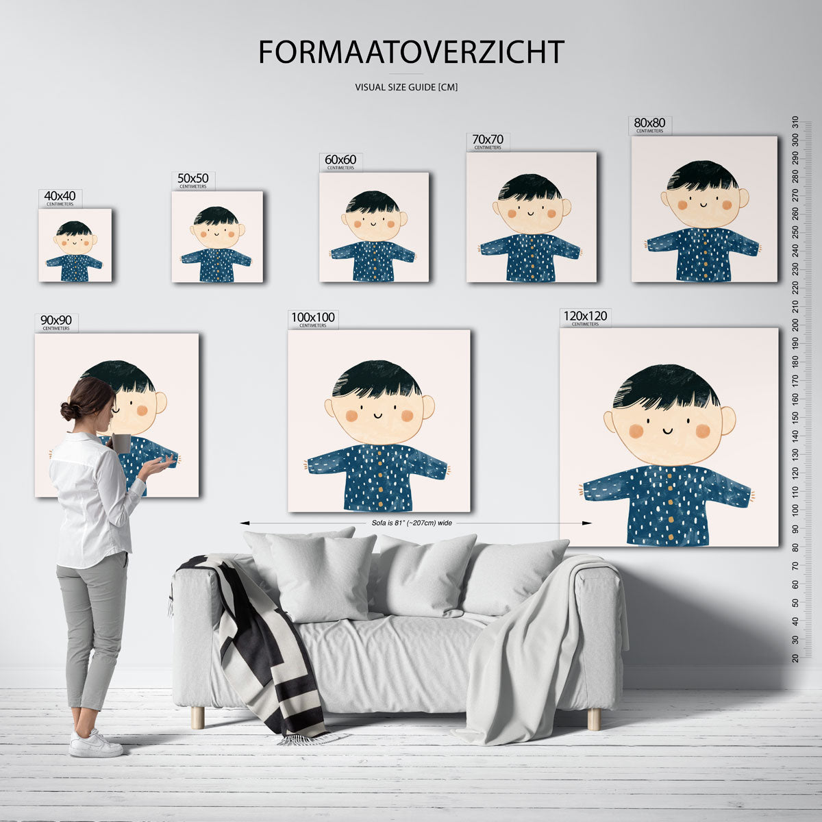 Kind met blauwe trui – vierkante muurposter voor de kinderkamer