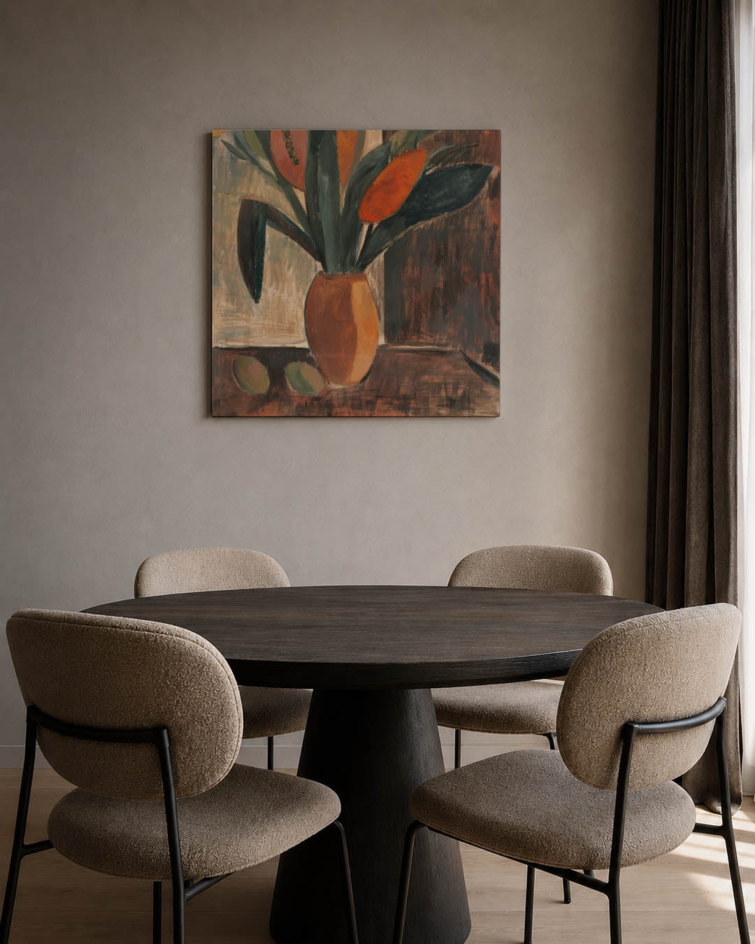 Kleurrijk bloemstilleven kunstwerk – tweede productweergave – dit kunstwerk toont een vaas met bloemen in warme tinten. De
