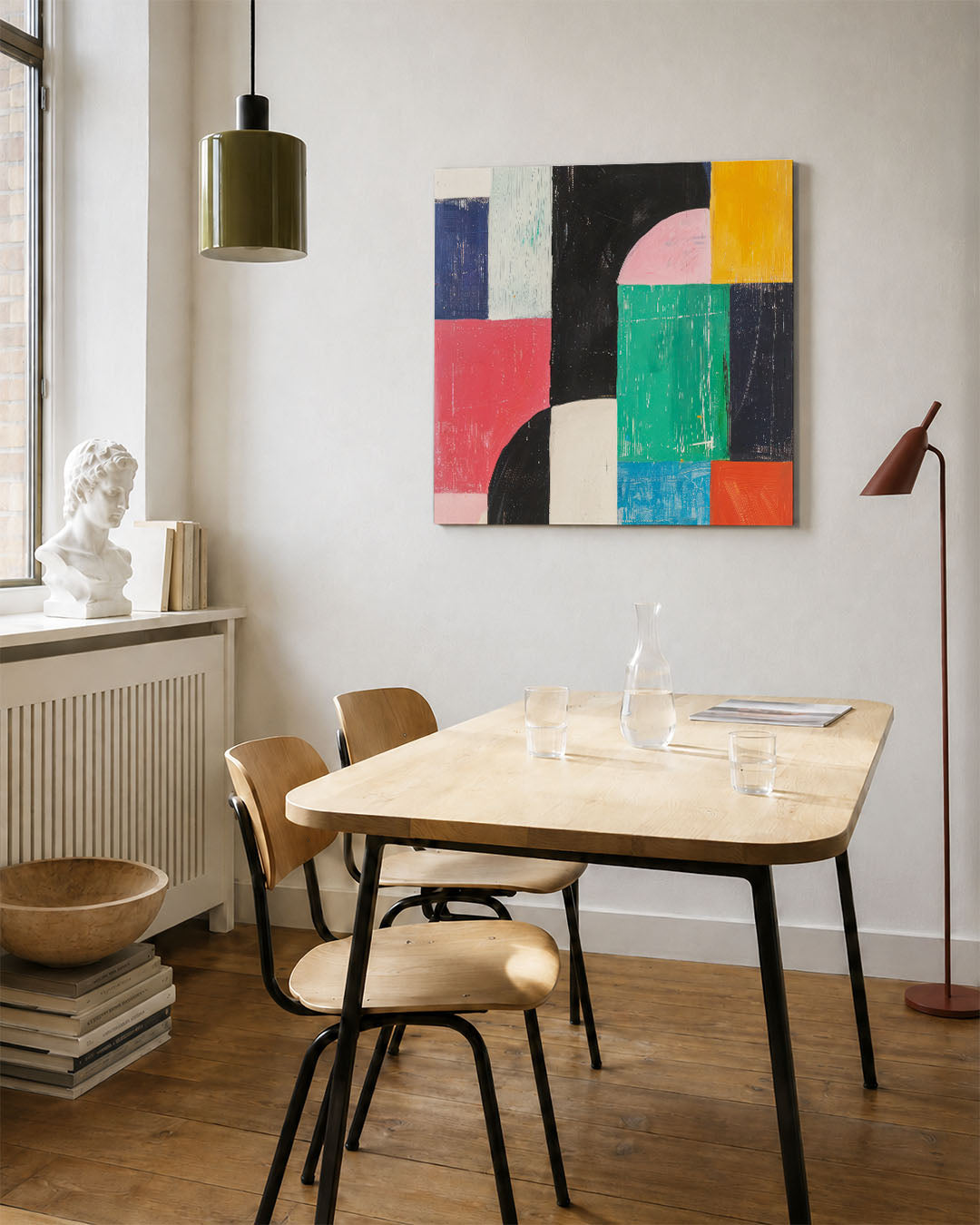 Geometrische kleurencompositie kunstwerk – vierkante wanddecoratie – dit werk toont een levendige mix van rechthoeken en