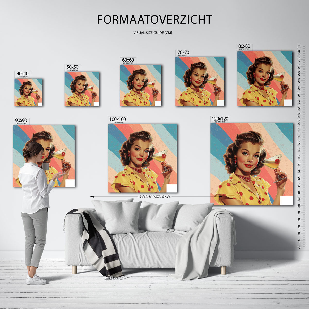 Vrouw met cocktail – kleurrijke vierkante muurposter in Pop Art stijl