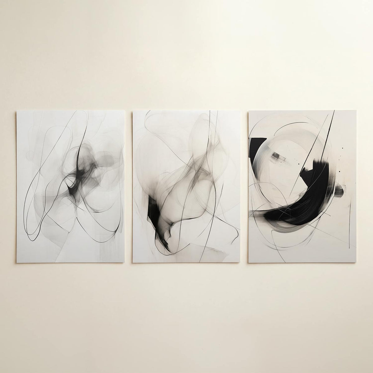 Lijnenspel en vormen – driedelige posterset in interieur