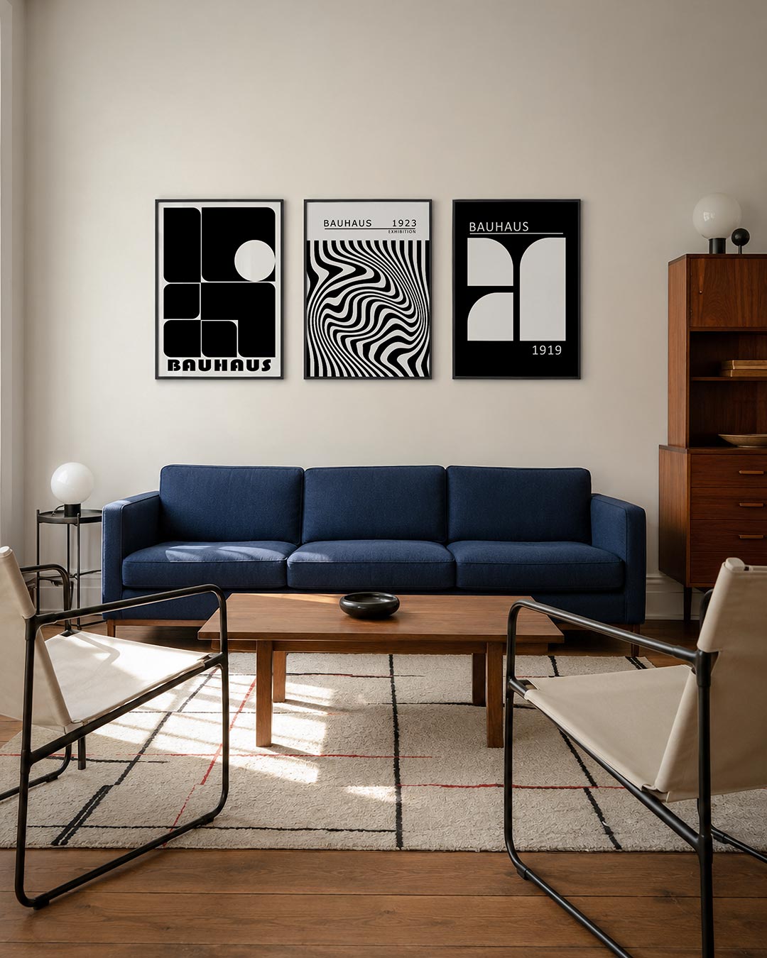 Vormen en vlakken driedelige posterset – deze posterset in drie delen toont een spel van zwarte rechthoeken en cirkels op een