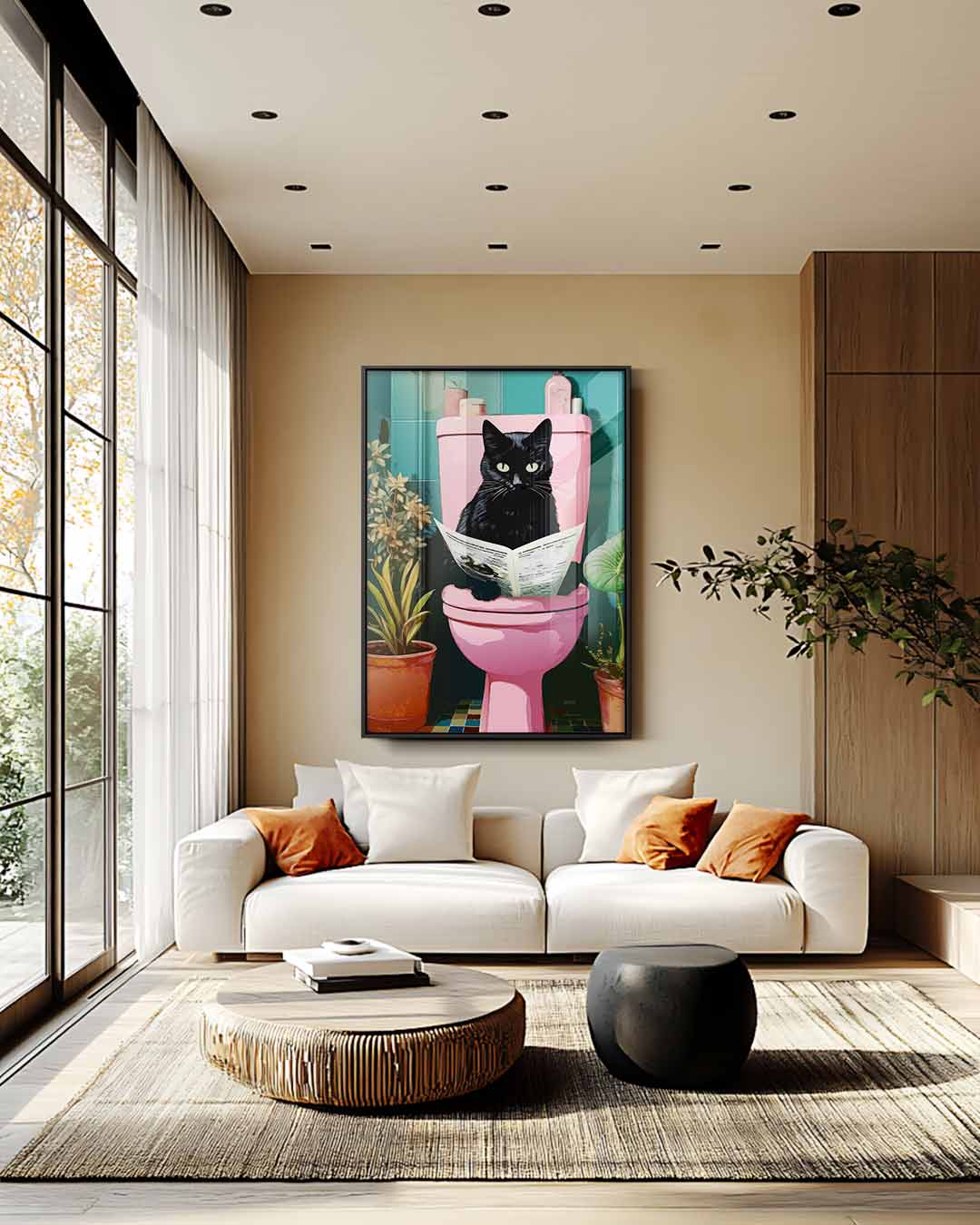 Kat op het Toilet – modern portret kunstwerk van WallArtistic
