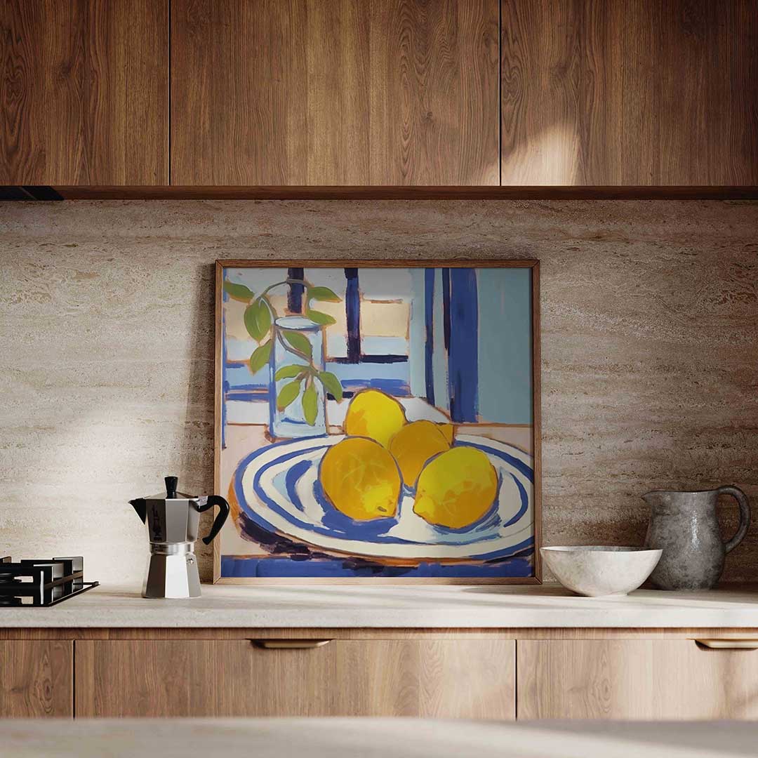 Citroenen op tafel – culinaire wandkunst als vierkante poster