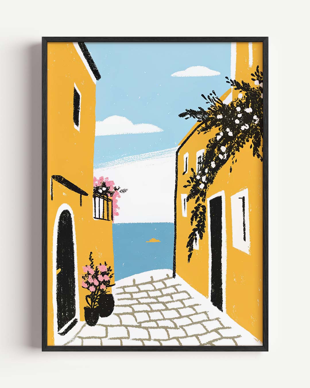 Mediterrane Straat Met Zeezicht – zomer portret poster als wanddecoratie