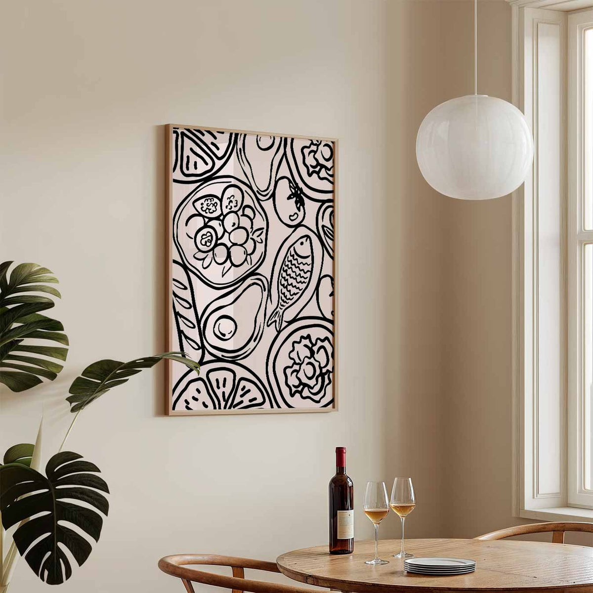 Stijlvolle Zwart-Wit Voedselillustratie – keukenposter in staand formaat