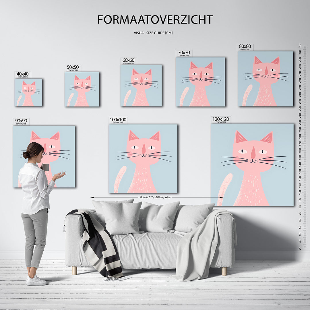 Speelse kat illustratie kunstwerk – sfeerbeeld – dit werk toont een speelse kat met eenvoudige lijnen en zachte kleuren. De
