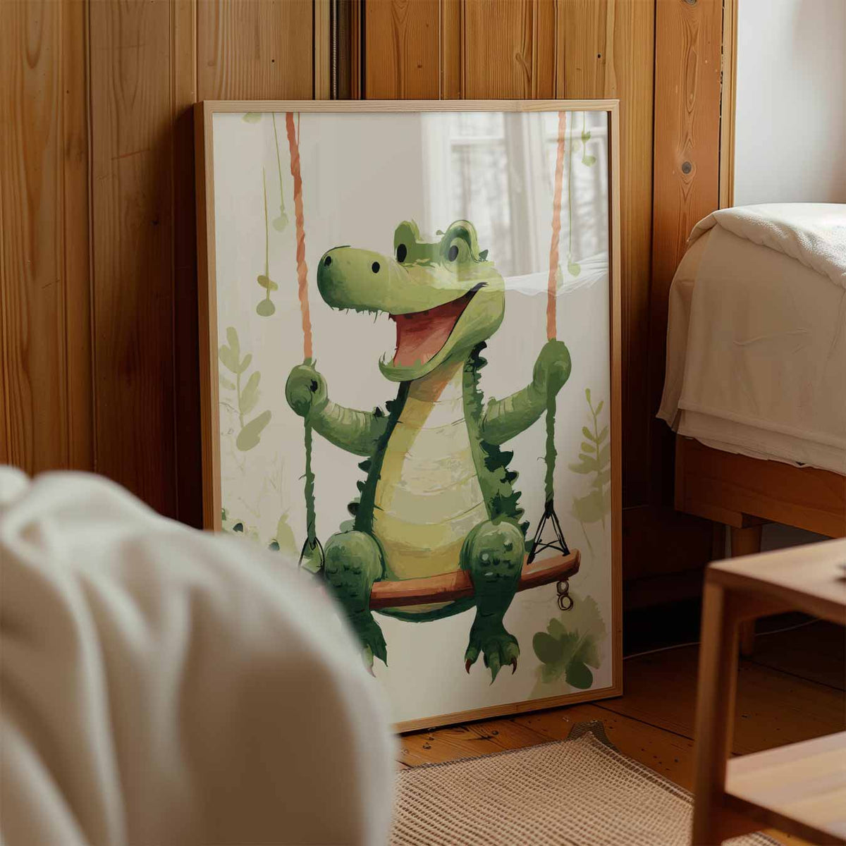 Vrolijke Krokodil op Schommel – kinderposter in staand formaat