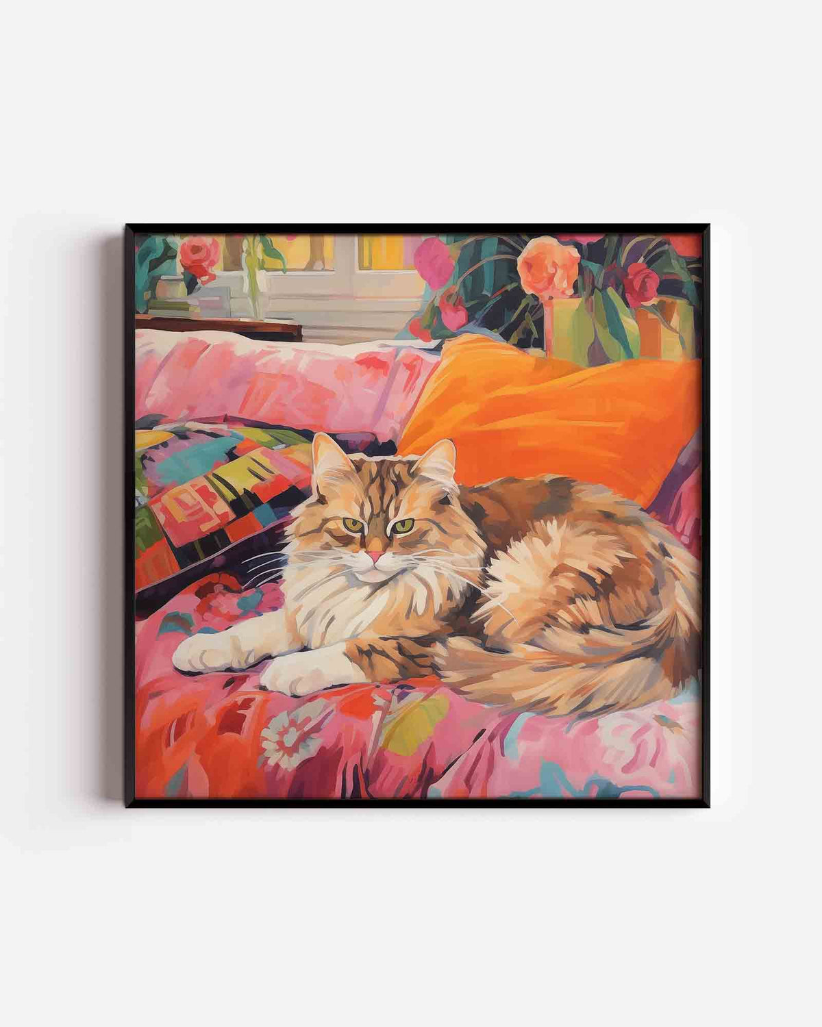 Kat op kleurrijke bank – vierkante dierenposter als wanddecoratie