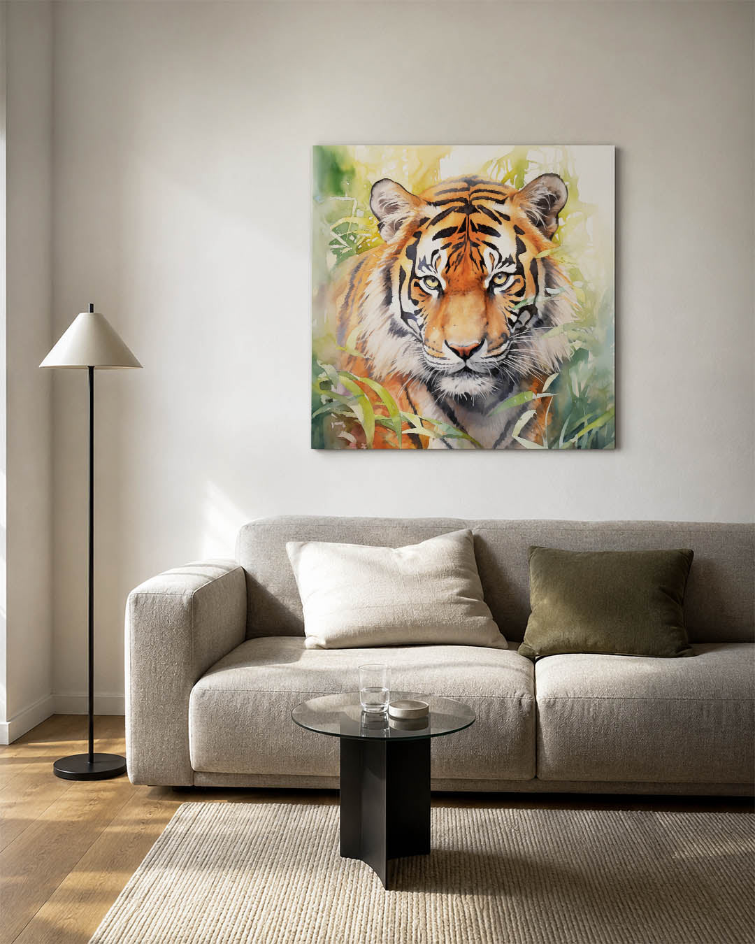 Tijger in jungle kunstwerk – detailweergave – dit werk toont een tijger te midden van groene bladeren. De levendige kleuren
