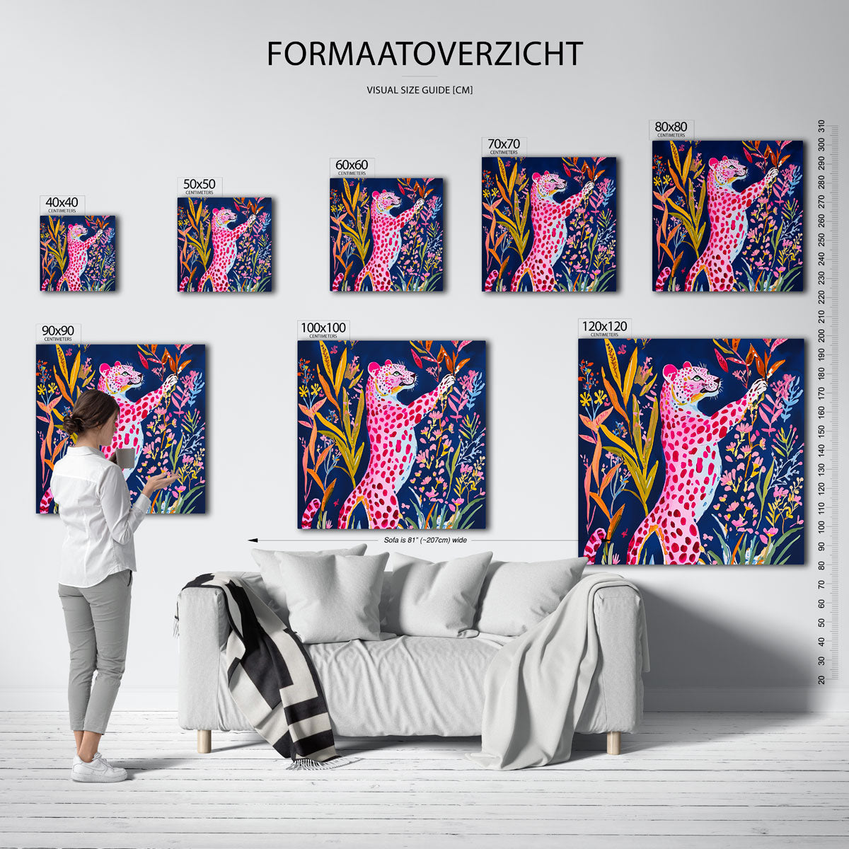 Roze luipaard met bloemen – vierkante jungle wanddecoratie van WallArtistic