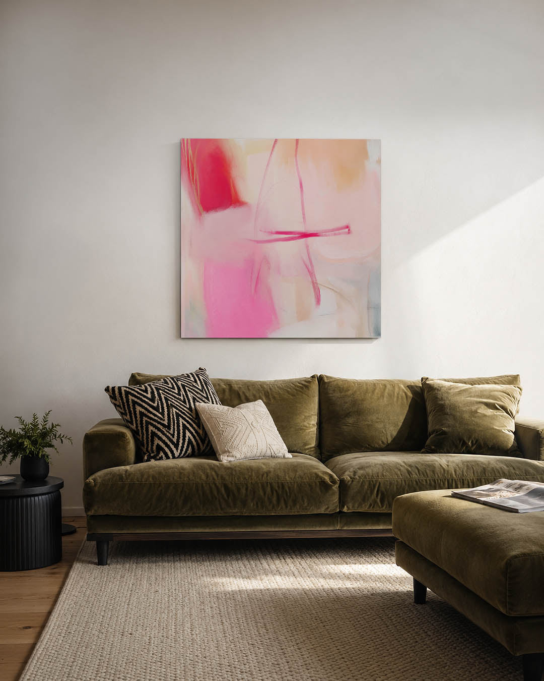 Zachte kleuren compositie kunstwerk – derde productweergave – dit werk toont een vloeiende compositie van roze en beige