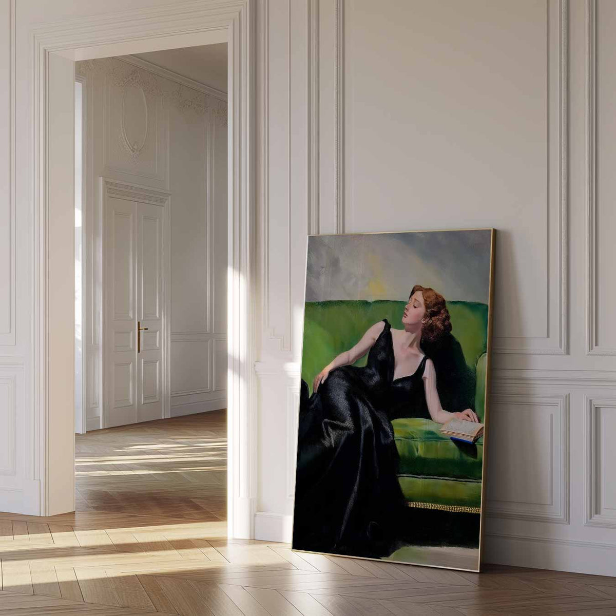Vrouw op Groene Sofa – paas poster als vrolijke staande wanddecoratie