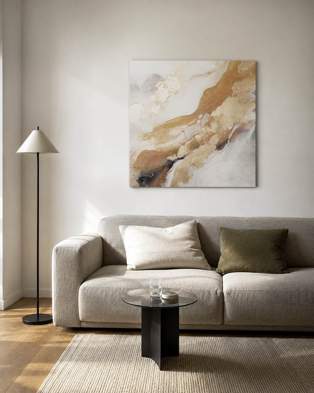 Organische vormen kunstwerk – vierkante wanddecoratie – dit kunstwerk toont vloeiende lijnen en organische vormen in beige en