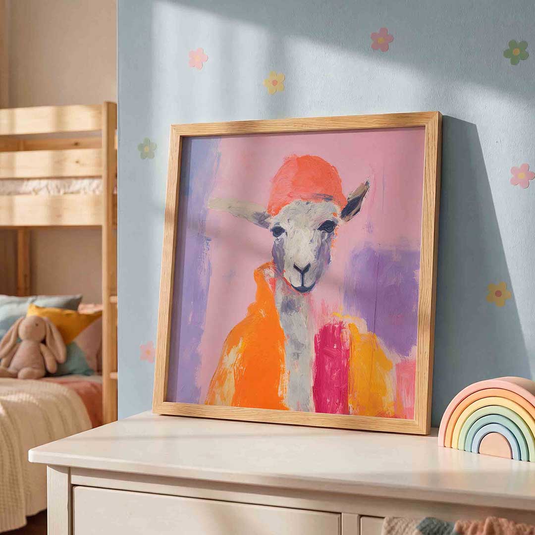 Schaap met oranje hoed – speelse wandkunst als vierkante kinderposter