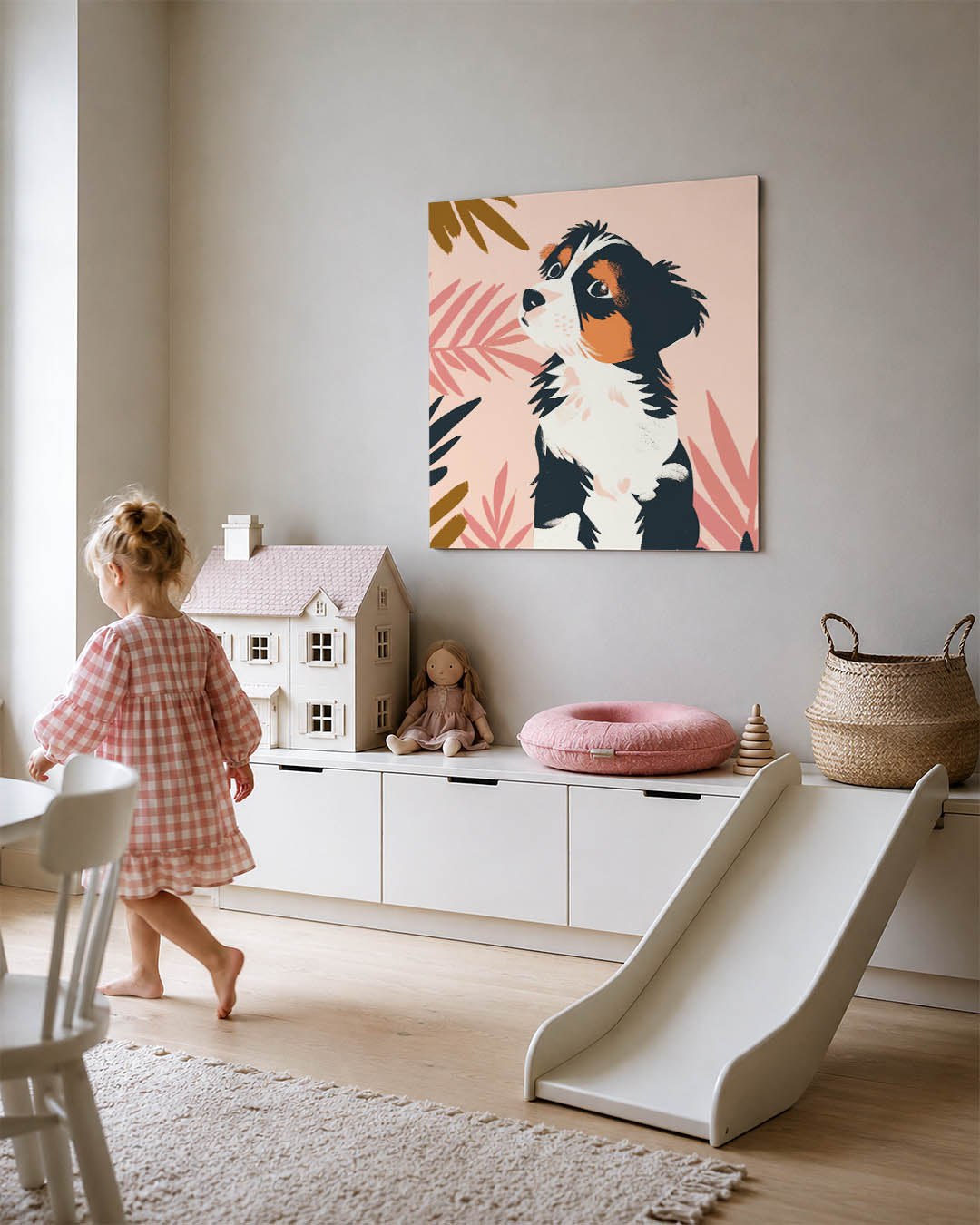 Speelse hond illustratie kunstwerk – tweede productweergave – dit kunstwerk toont een speelse hond tegen een achtergrond van