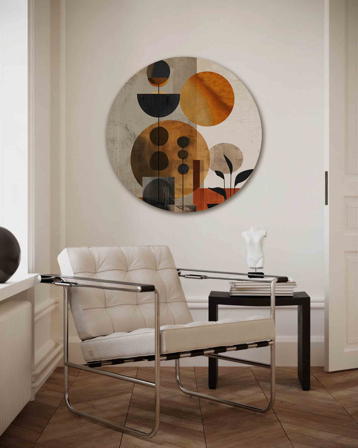 Geometrische vormen en planten – abstracte muurcirkel als ronde wanddecoratie