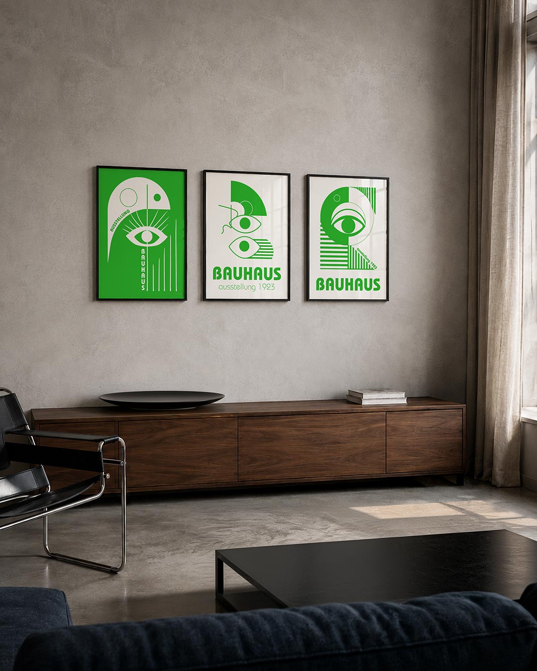 Oog en lijnen driedelige posterset – een groene achtergrond met een wit oog centraal. Strakke lijnen en cirkels creëren een