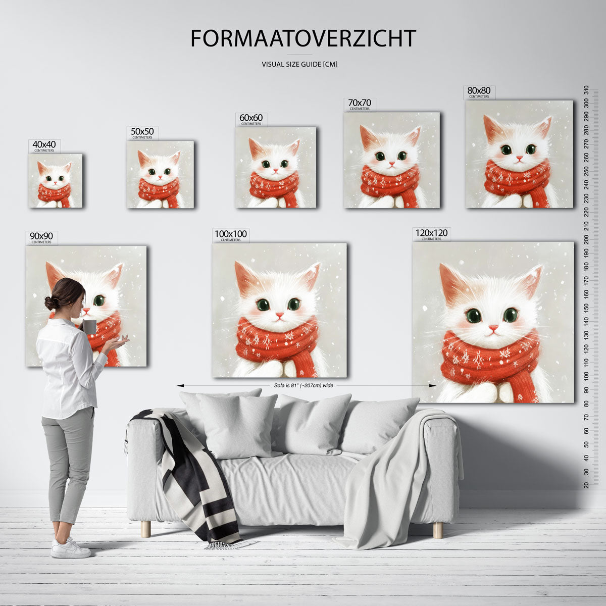 Kat met rode sjaal – vierkante muurposter voor de kinderkamer