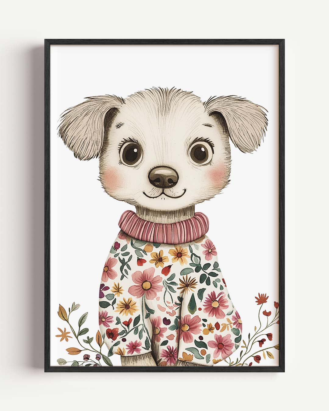 Schattige Puppy met Bloemen Trui – kids portret poster als wanddecoratie