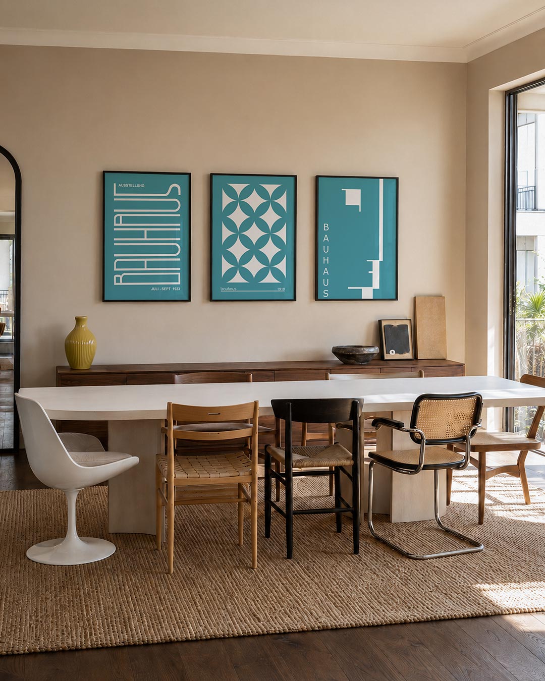 Lijnen en kleurvlakken driedelige posterset – deze posterset in drie delen toont een strak lijnenspel op een blauwgroene