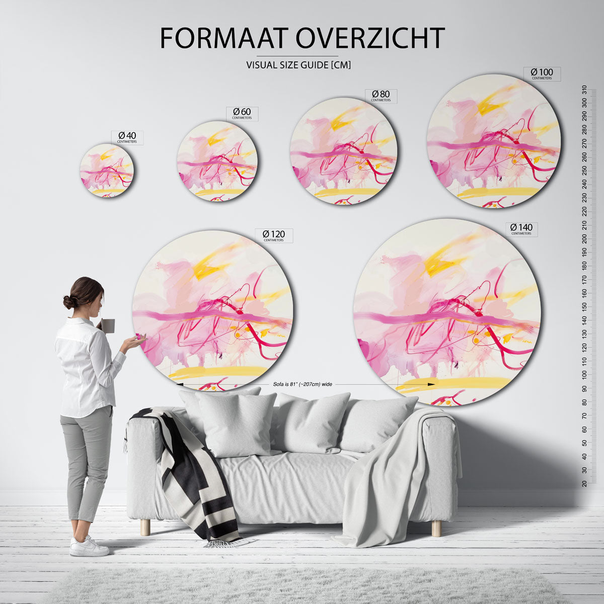 Abstracte roze en gele – kleurrijke wandkunst als muurcirkel